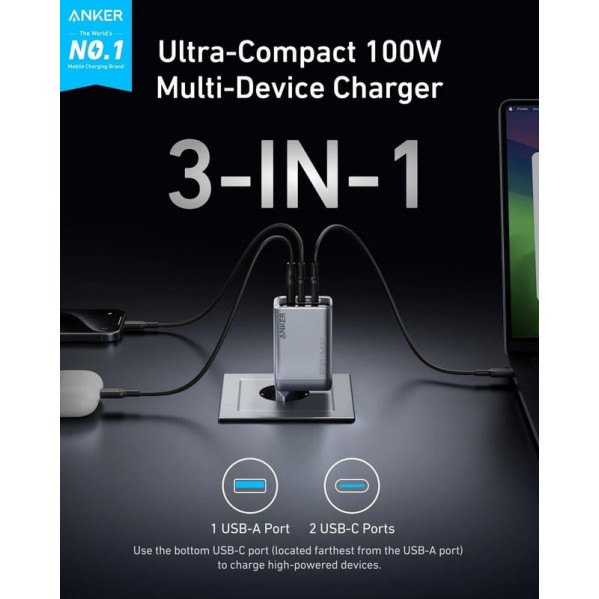 Мережевий зарядний пристрій Anker PowerPort GaNPrime 100W 2xUSB Type-C, USB Type-A Silver (A2688341)