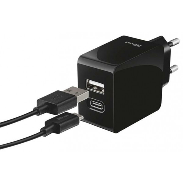 Мережевий зарядний пристрій Trust Urban Fast Dual USB-C&USB (17W, 2USB 3.0A) Black (21589)