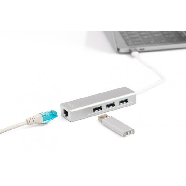 Концентратор USB-C Digitus, 3хUSB 3.0 + Gigabit Ethernet (DA-70255)
