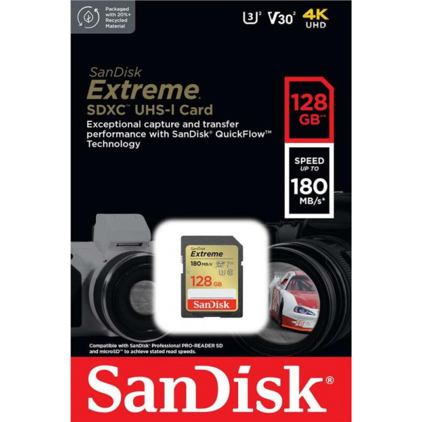 Карта пам`яті SDXC 128GB UHS-I/U3 Class 10 SanDisk Extreme V30 R180/W90MB/s 4K (SDSDXVA-128G-GNCIN)