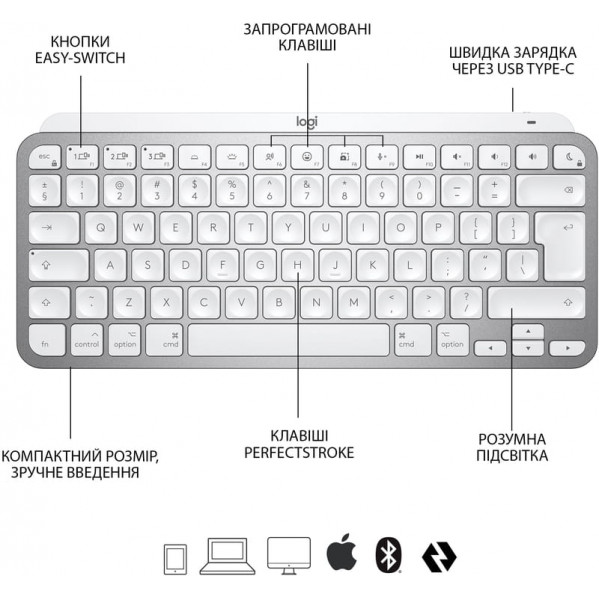 Клавіатура бездротова Logitech MX Keys Mini For Mac Minimalist Wireless Illuminated Pale Grey (920-010526)