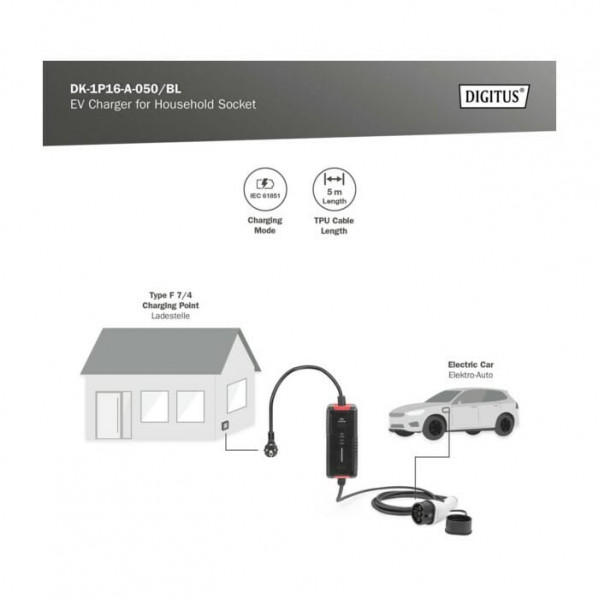 Мережевий зарядний пристрій Digitus EV Single Phase 3.7kW, 5 m, Schuko to Type 2 (DK-1P16-A-050-BL)